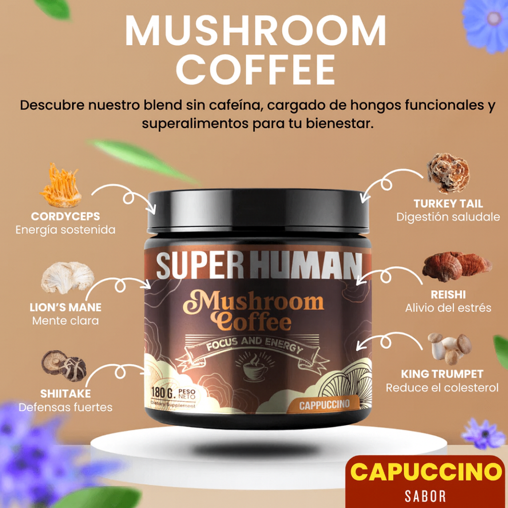 SuperHuman™|Mushroom Coffee - Café Instantáneo con 6 Hongos Funcionales - Claridad Mental y Energia Sostenida