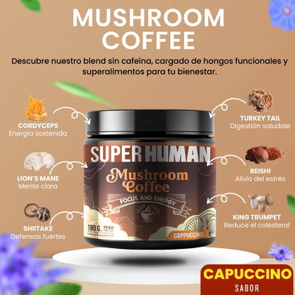 SuperHuman™|Mushroom Coffee - Café Instantáneo con 6 Hongos Funcionales - Claridad Mental y Energia Sostenida