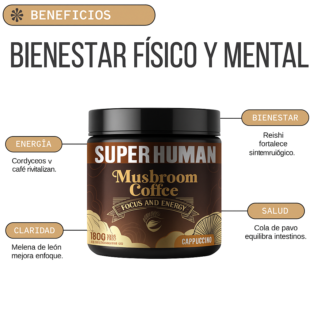 SuperHuman™|Mushroom Coffee - Café Instantáneo con 6 Hongos Funcionales - Claridad Mental y Energia Sostenida
