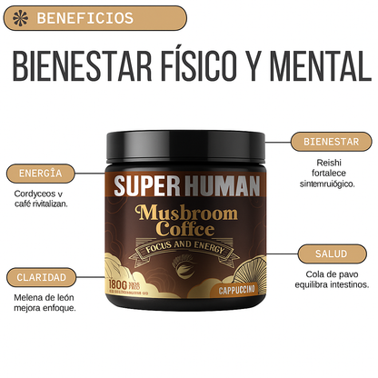 SuperHuman™|Mushroom Coffee - Café Instantáneo con 6 Hongos Funcionales - Claridad Mental y Energia Sostenida