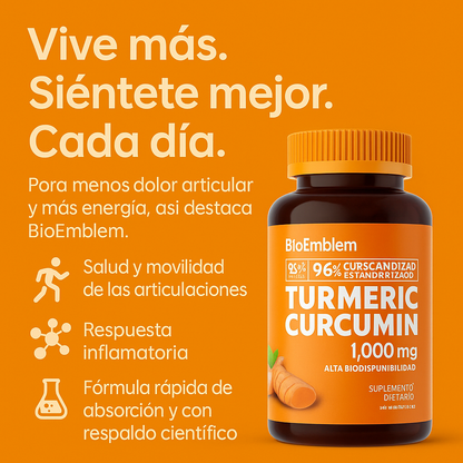 CÚRCUMA BIOEMBLEM® + PIMIENTA NEGRA + ACEITE MTC | SUPLEMENTO NATURAL PARA ARTICULACIONES FUERTES Y FLEXIBLES